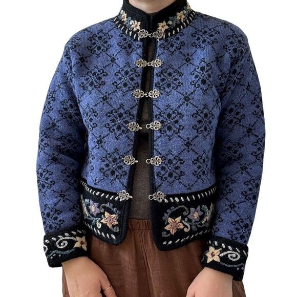 Vintage 1990s Icelandic Design Womens Blue 100% Wool Nordic Hippy Cardigan Sz S - Picture 4 of 6